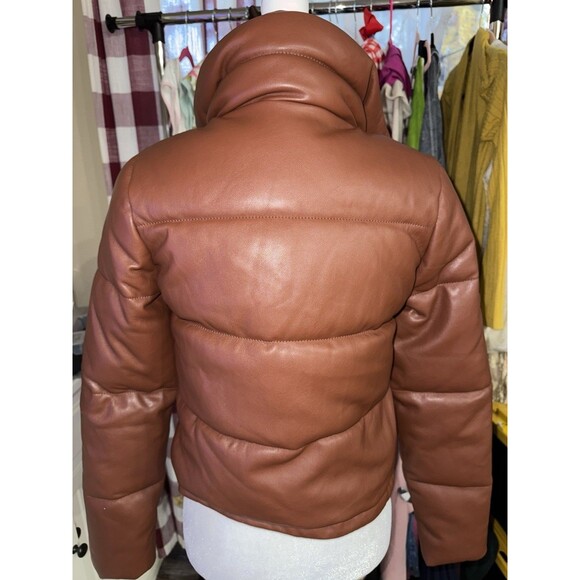 Abercrombie & Fitch The A&F Mini Puffer Jacket Coat Brown Vegan Leather Size XS - Picture 3 of 4